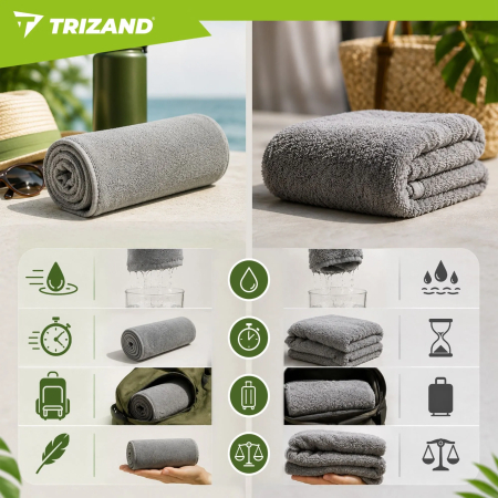 Prosop microfibră uscare rapidă 120x60 cm, gri, pentru sală, plajă și călătorii, husă inclusă [2]