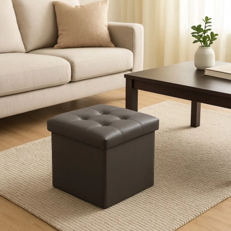 Taburet pliabil cu spațiu de depozitare, piele ecologică gri, cutie puf 38x38x38 cm, suportă 100 kg [7]