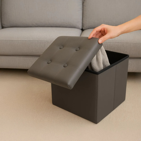 Taburet pliabil cu spațiu de depozitare, piele ecologică gri, cutie puf 38x38x38 cm, suportă 100 kg [6]