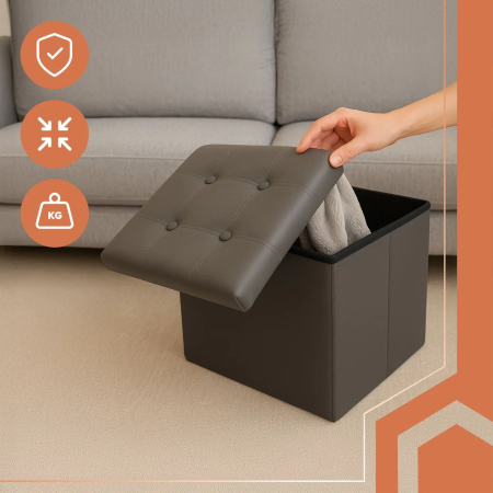 Taburet pliabil cu spațiu de depozitare, piele ecologică gri, cutie puf 38x38x38 cm, suportă 100 kg [3]