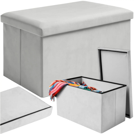 Pufuri cu depozitare - Puf pliabil cu spațiu de depozitare XL 54 litri, velur gri, bancă taburet 60x30x30 cm