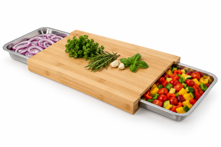 Tocatoare - Tocător bambus cu 2 recipiente inox detașabile, fund de lemn pentru bucătărie, 40x30 cm