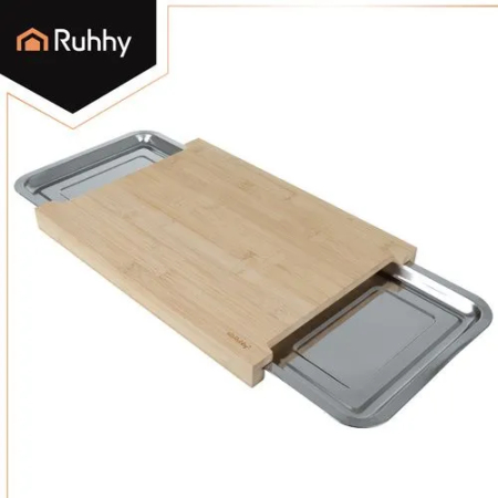 Tocător bambus cu 2 recipiente inox detașabile, fund de lemn pentru bucătărie, 40x30 cm [1]