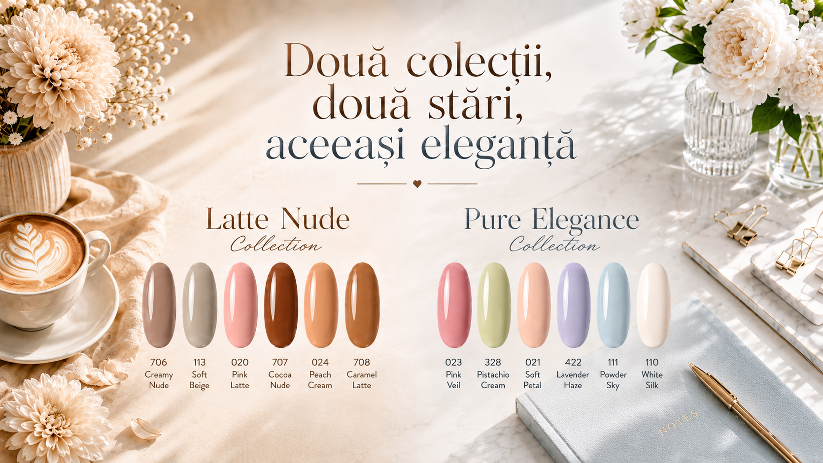 Latte Nude și Pure Elegance SoKwik: 12 nuanțe pentru manichiuri nude, office și pastelate