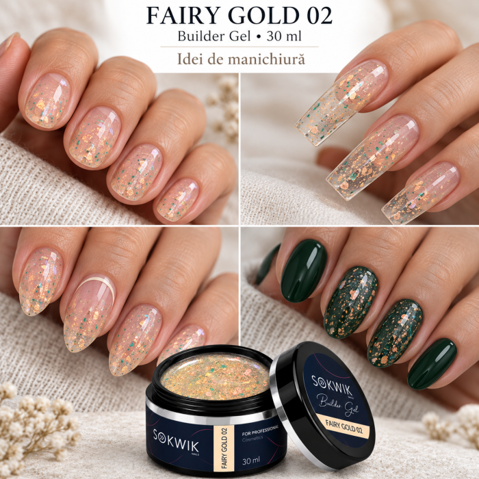 Gel de Constructie SoKwik Fantasy Collection Fairy Gold 02 30ml Auriu cu Sclipici Fin TPO Free si Hema Free [3]