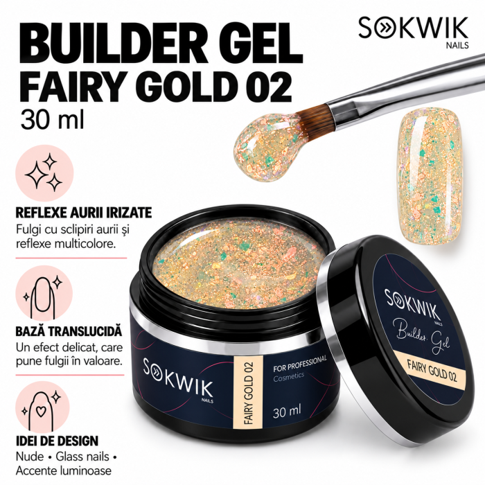 Gel de Constructie SoKwik Fantasy Collection Fairy Gold 02 30ml Auriu cu Sclipici Fin TPO Free si Hema Free [2]