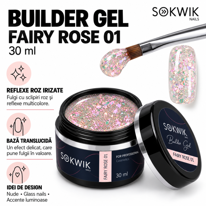 Gel de Constructie SoKwik Fantasy Collection Fairy Rose 01 30ml Roz cu Sclipici Fin TPO Free si Hema Free [3]