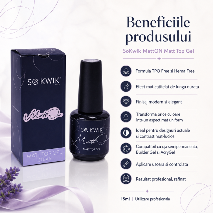 Top mat pentru unghii cu efect catifelat – SoKwik MattON Matt Top Gel 15ml TPO Free si Hema Free [3]