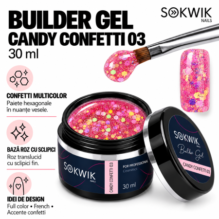 Gel de Constructie SoKwik Fantasy Collection Candy Confetti 03 30ml Roz cu Sclipici si Paiete TPO Free si Hema Free [1]