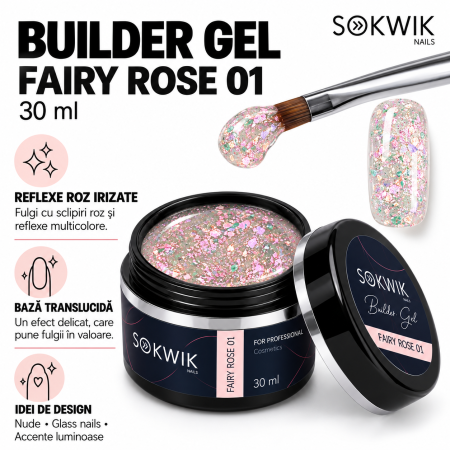 Gel de Constructie SoKwik Fantasy Collection Fairy Rose 01 30ml Roz cu Sclipici Fin TPO Free si Hema Free [2]