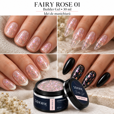 Geluri de constructie - Gel de Constructie SoKwik Fantasy Collection Fairy Rose 01 30ml Roz cu Sclipici Fin TPO Free si Hema Free