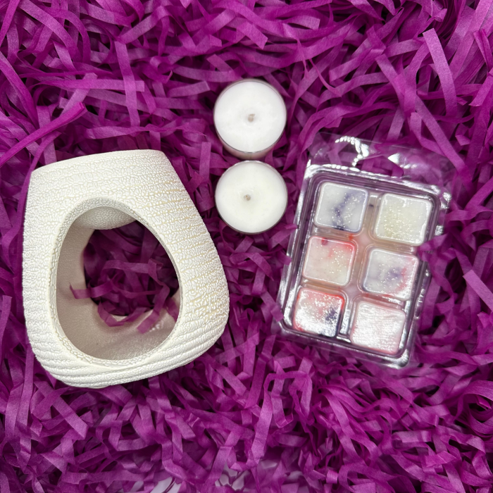 BEIGE SERENITY SET, Plum & Rhubarb, pachet cadou cu wax melt 80g, difuzor ceramic, lumanari pastila, Solara Candles [2]