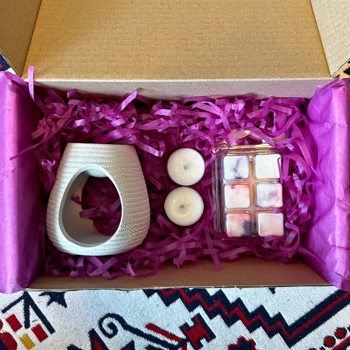 BEIGE SERENITY SET, Plum & Rhubarb, pachet cadou cu wax melt 80g, difuzor ceramic, lumanari pastila, Solara Candles [3]