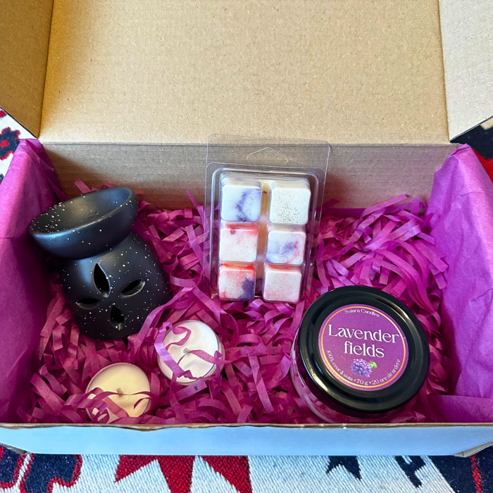 DARK SERENITY BOX, Plum & Rhubarb, pachet cadou cu lumanare parfumata 70g, wax melt 80g, difuzor ceramic, lumanari pastila, Solara Candles - Copie [3]