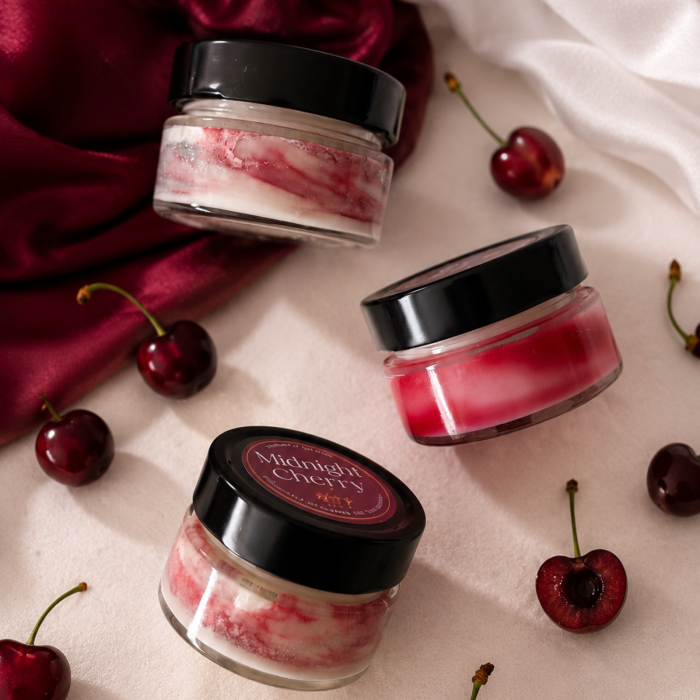 Lumanare parfumata Midnight Cherry 90g efect marmura roz mov, ceara soia naturala, Solara Candles [3]