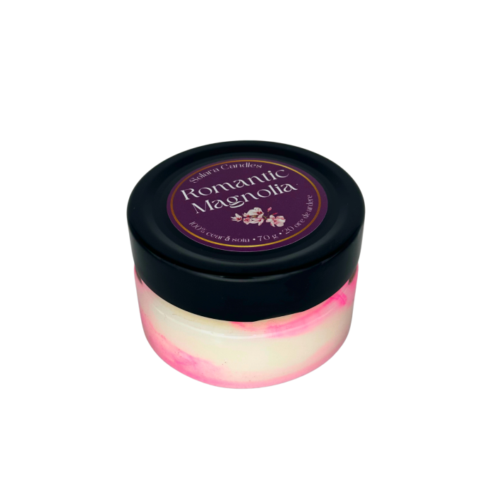 Lumanare parfumata roz intr-un recipient de borcan de sticla cu capac negru [2]