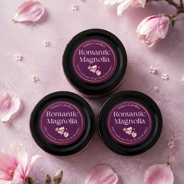 Lumanare parfumata Romantic Magnolia 90g efect marmura roz, ceara soia naturala Solara Candles Cluj [5]