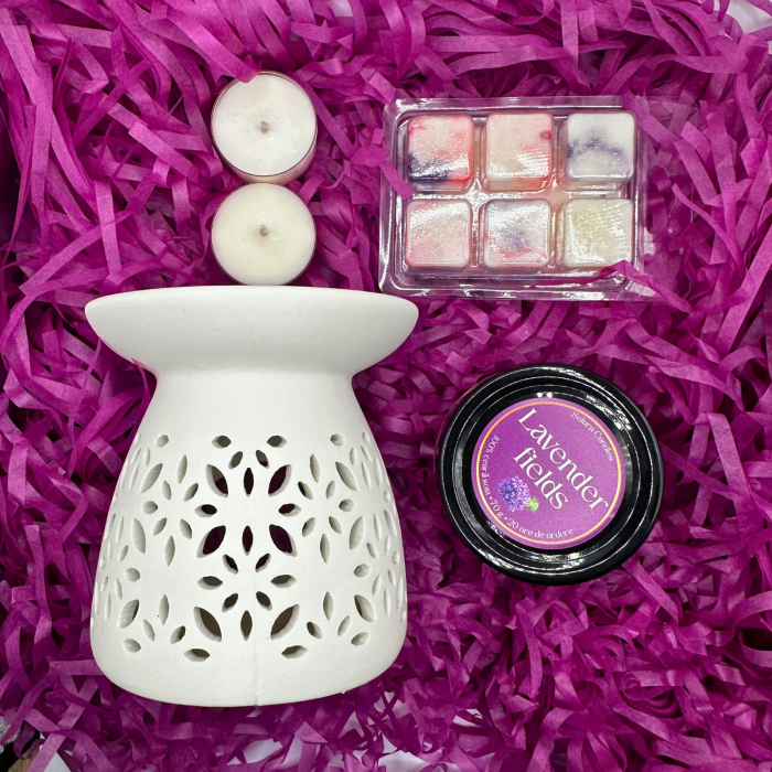 WHITE SERENITY BOX, Plum & Rhubarb, pachet cadou cu lumanare parfumata 70g, wax melt 80g, difuzor ceramic, lumanari pastila, Solara Candles [2]