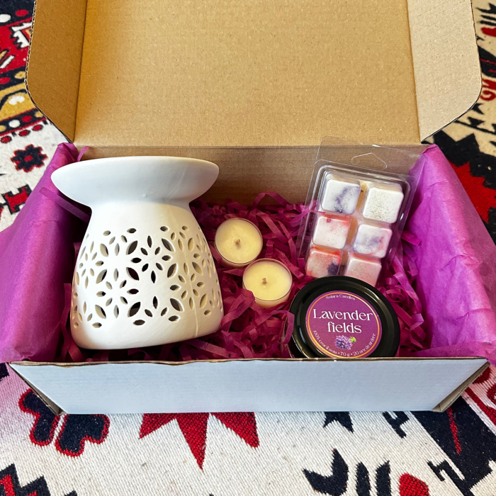 WHITE SERENITY SET, Golden Smoke, pachet cadou cu wax melt 80g, difuzor ceramic, lumanari pastila, Solara Candles [5]