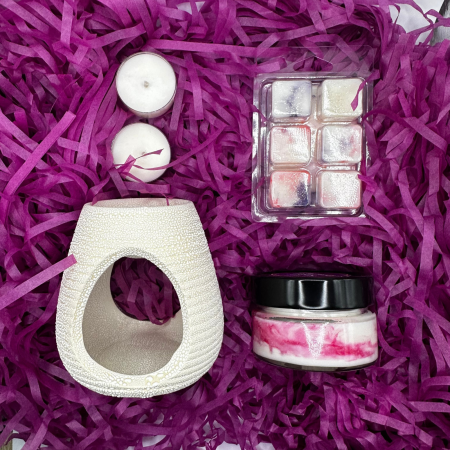 Cadouri - BEIGE SERENITY BOX, Golden Smoke, pachet cadou cu lumanare parfumata 70g, wax melt 80g, difuzor ceramic, lumanari pastila, Solara Candles