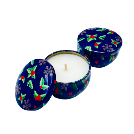 Crăciun - Lumanare parfumata din ceara de soia intr-un recipient metalic verde cu elemente de craciun