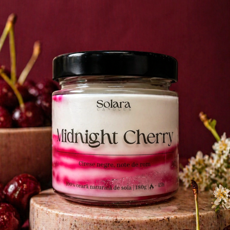 Fructate - MIDNIGHT CHERRY, marmura, roz, mov,180g, ardere 45 h, lumanare parfumata din ceara de soia, Solara Candles