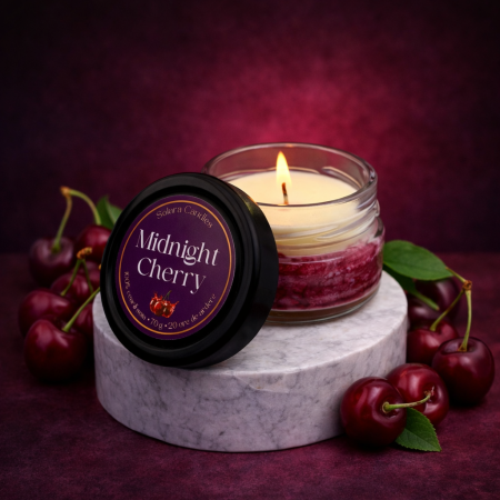 Fructate - MIDNIGHT CHERRY, marmura, roz, mov,70g, ardere 20 h, lumanare parfumata din ceara de soia, Solara Candles