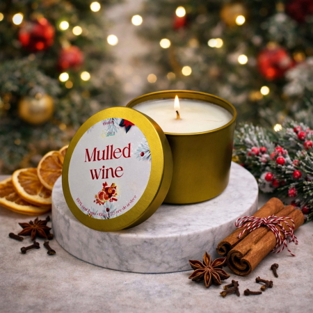 MULLED WINE, vin fiert, 100g, ardere 30h, Lumanare parfumata din ceara de soia, Solara Candles, aroma Craciun, auriu