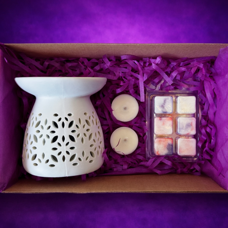 Cadouri - WHITE SERENITY SET, Golden Smoke, pachet cadou cu wax melt 80g, difuzor ceramic, lumanari pastila, Solara Candles