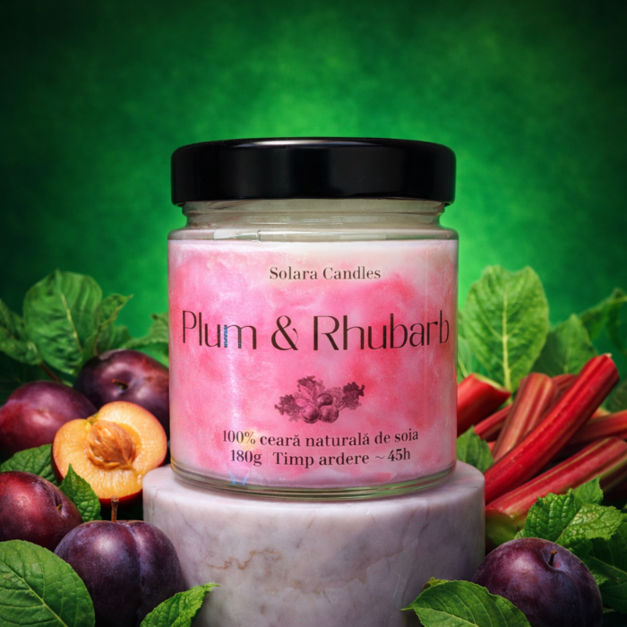 Lumanare parfumata Plum Rhubarb 180g efect marmura roz-mov, 45 ore ardere, ceara soia, Solara Candles [3]