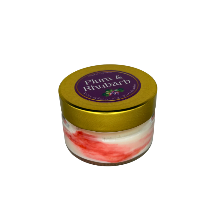 Lumanare parfumata Plum Rhubarb auriu 90g efect marmura roz-mov, ceara soia naturala, Solara Candles [2]