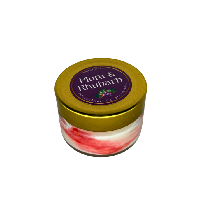Lumanare parfumata Plum Rhubarb auriu 90g efect marmura roz-mov, ceara soia naturala, Solara Candles [3]