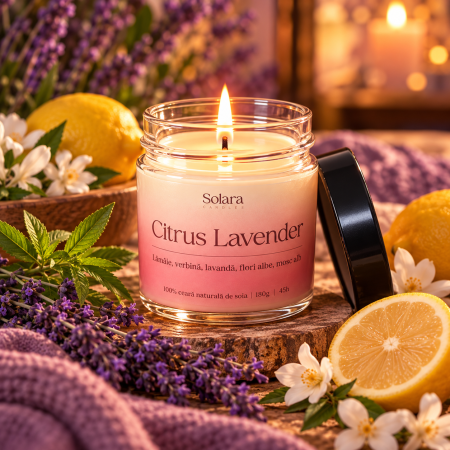 Fructate - Lumanare parfumata Citrus Lavender 180g efect marmura mov-galben, ceara soia, Solara Candles