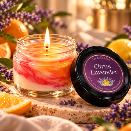 Fructate - Lumanare parfumata Citrus Lavender 90g efect marmura albastru-galben, ceara soia, Solara Candles