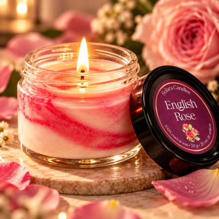 Florale - Lumanare parfumata English Rose 90g efect marmura roz, trandafir natural, ceara soia, Solara Candles
