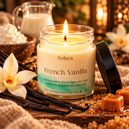 Dulce - Lumanare parfumata French Vanilla 180g efect marmura verde, 45 ore ardere, ceara soia, Solara Candles
