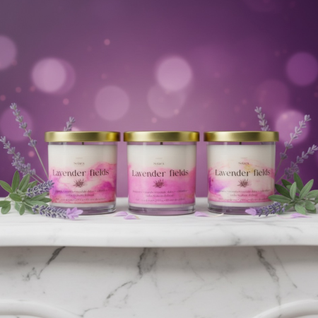 Florale - Lumanare parfumata Lavender Fields 200g sticla transparenta, lavanda, 60h ardere, ceara soia, Solara Candles