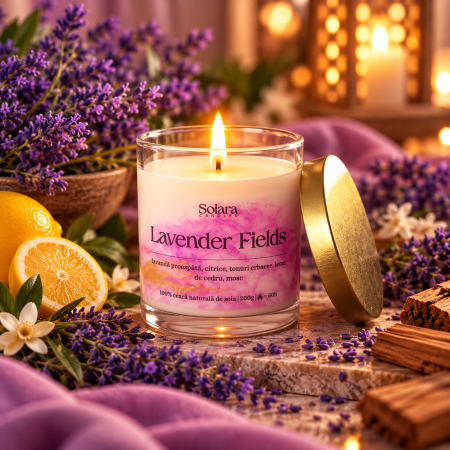 Florale - Lumanare parfumata Lavender Fields 200g sticla transparenta, lavanda, 60h ardere, ceara soia, Solara Candles