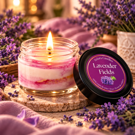 Florale - Lumanare parfumata Lavender Fields 90g sticla transparenta, lavanda naturala, ceara soia, Solara Candles