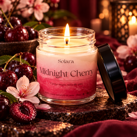 Fructate - Lumanare parfumata Midnight Cherry 180g efect marmura roz-mov, ceara naturala de soia Solara Candles