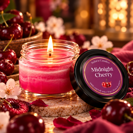 Fructate - Lumanare parfumata Midnight Cherry 90g efect marmura roz mov, ceara soia naturala, Solara Candles