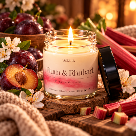Fructate - Lumanare parfumata Plum Rhubarb 180g efect marmura roz-mov, 45 ore ardere, ceara soia, Solara Candles