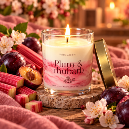 Fructate - Lumanare parfumata Plum Rhubarb 200g recipient sticla transparenta, ceara soia naturala, Solara Candles