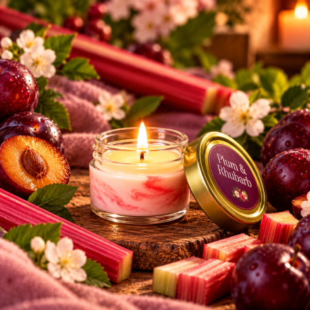 Fructate - Lumanare parfumata Plum Rhubarb auriu 90g efect marmura roz-mov, ceara soia naturala, Solara Candles