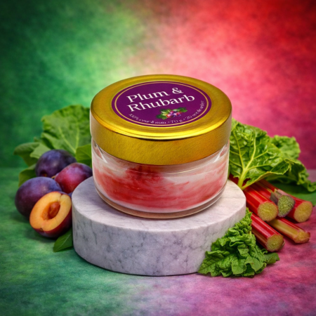 Fructate - Lumanare parfumata Plum Rhubarb auriu 90g efect marmura roz-mov, ceara soia naturala, Solara Candles