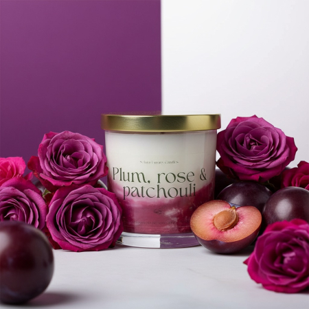 Fructate - Lumanare parfumata Plum Rose Patchouli 200g sticla transparenta, ceara soia naturala, Solara Candles