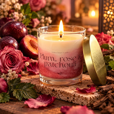 Fructate - Lumanare parfumata Plum Rose Patchouli 200g sticla transparenta, ceara soia naturala, Solara Candles