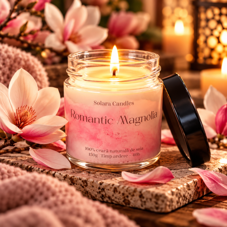 Florale - Lumanare parfumata Romantic Magnolia 180g efect marmura roz, 45h ardere, ceara soia, Solara Candles