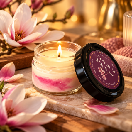 Florale - Lumanare parfumata Romantic Magnolia 90g efect marmura roz, ceara soia naturala Solara Candles Cluj