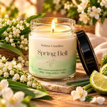 Florale - Lumanare parfumata Spring Bell 180g efect marmura verde, 40 ore ardere, ceara soia, Solara Candles